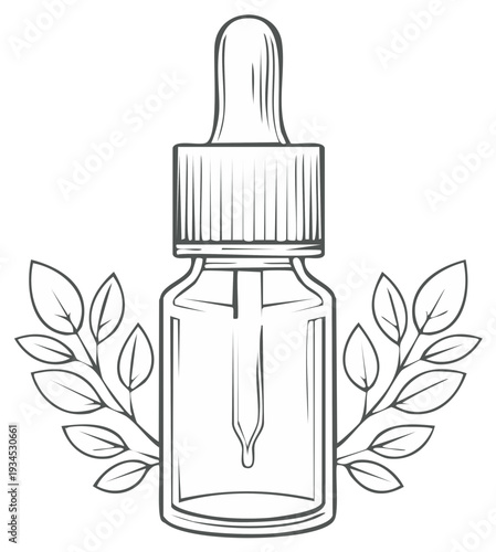 Outline drawing of a glass bottle with a dropper and plant leaves for skincare or aromatherapy products
