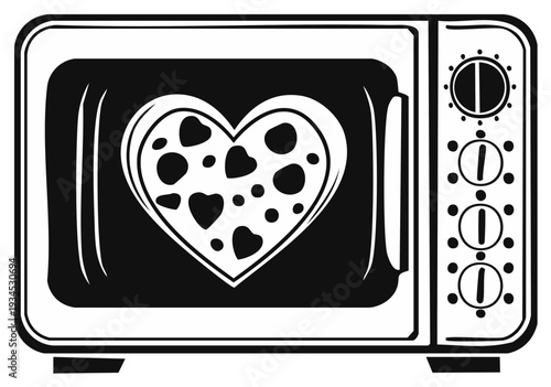 Heart Shaped Pizza Inside Microwave Oven Cartoon Style Graphic