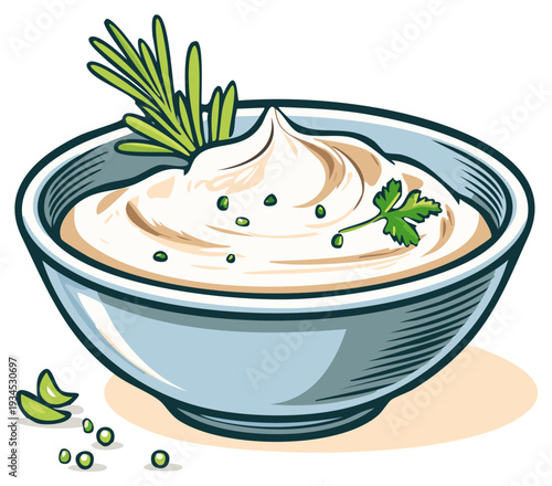 Delicious creamy sauce or dip garnished with fresh herbs in a blue bowl