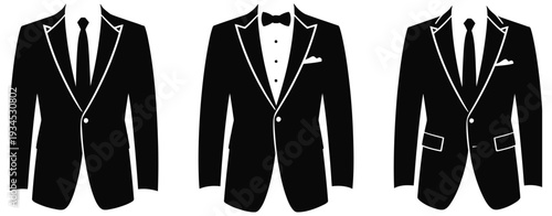 Elegant black suit jackets and tuxedo silhouettes with tie and bow tie, formal clothing illustration, men’s fashion vector design for style concept, professional outfit branding, and business attire 