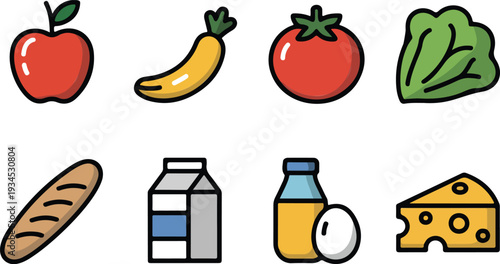 Set of healthy food essentials including fruits, vegetables, dairy, and bakery items in outline flat design.
