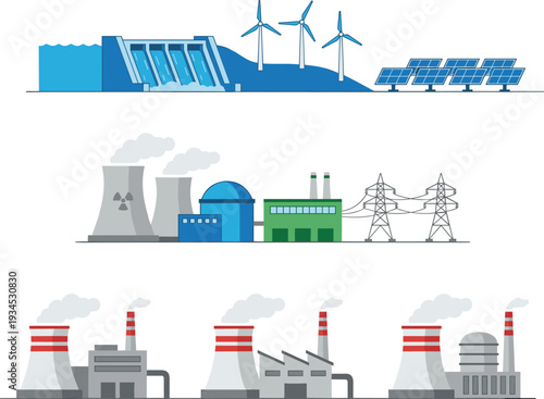 Set of flat vector illustrations showing renewable energy sources like wind solar hydro and industrial power plants including nuclear and coal