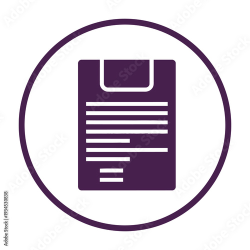 Purple floppy disk icon with textured lines centered within a circular frame on a clean white background