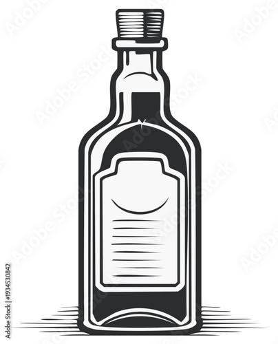 Stylized vector illustration of liquor bottle with a cork stopper and blank label for personalized branding, isolated object