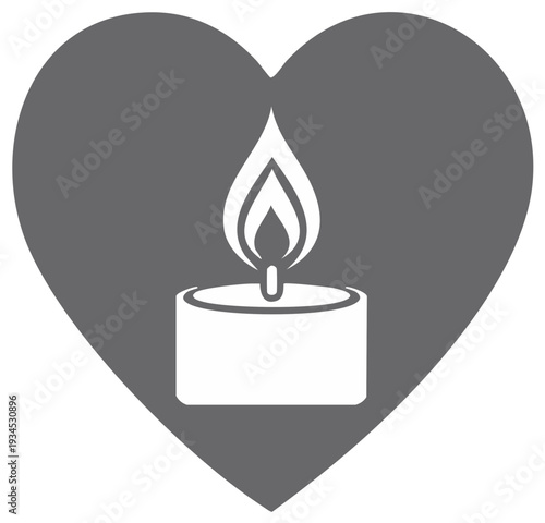 Symbolic heart shape with burning tealight candle flame icon graphic