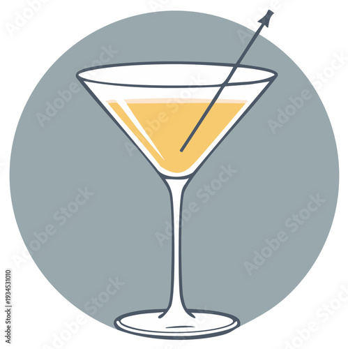 Stylized illustration of a martini glass with yellow liquid and a cocktail stirrer inside, set against a grey circle background.