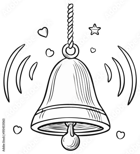 Hand-drawn illustration of a ringing bell with radiating sound waves and hearts
