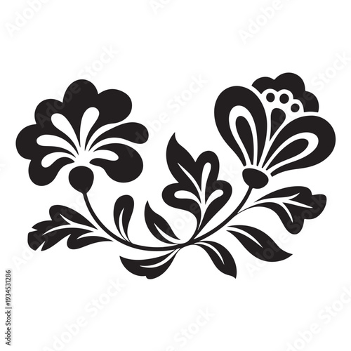 An elegant black silhouette of a decorative floral design featuring two distinct blooming flowers with intricate petals and swirling leaves