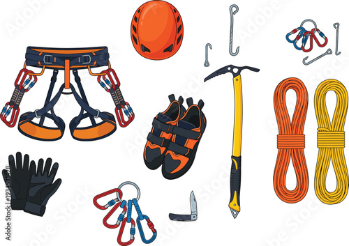 Set of professional rock climbing and mountaineering equipment with harness helmet ropes ice axe and carabiners flat vector illustration isolated