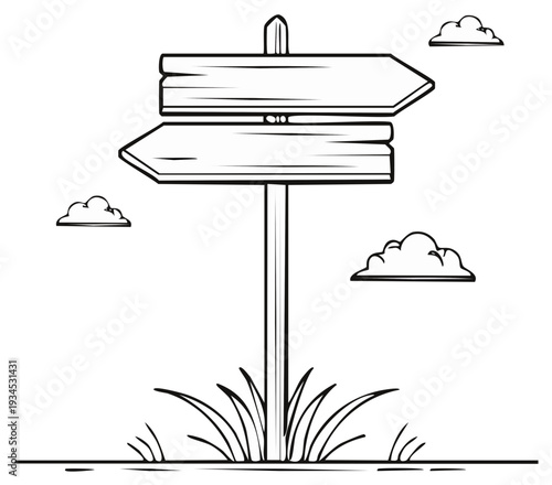 Rustic wooden signpost with two arrows pointing in opposite directions and clouds above