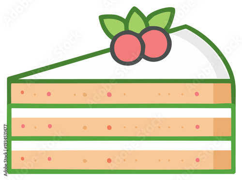Stylized slice of layered cake with berries and leaves decoration dessert food