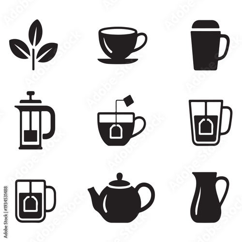 Set of black tea icons vector illustration, tea leaves and teacups, teapot and milk jug, tea brewing press and mugs with teabags, beverage silhouettes