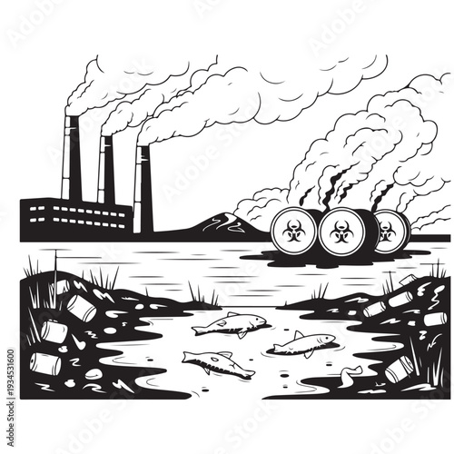 Industrial pollution concept showing factory smokestacks releasing smoke over contaminated water with dead fish and toxic barrels