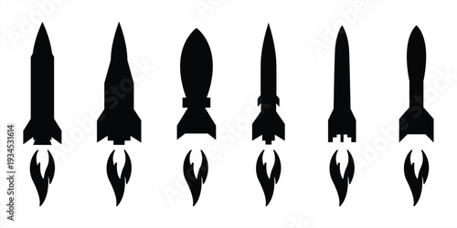 Silhouettes of ballistic missiles and rockets of various designs and sizes, isolated on a white background. Military weaponry, strategic weapons, missile technology. War visuals. Vector illustration.