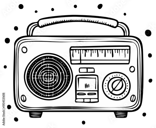 Vintage Radio Illustration with Dial, Antenna and Black Dots for Design Elements