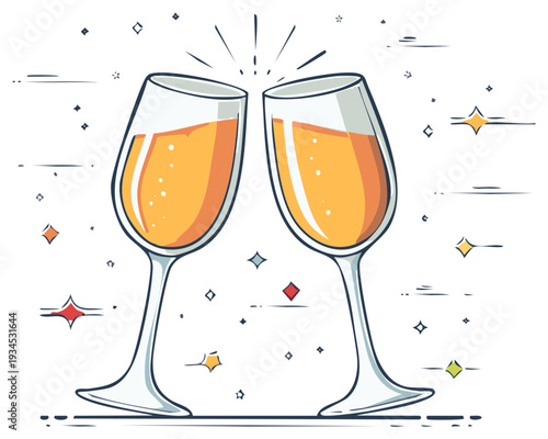 Two champagne flutes clinking together with sparkles illustration, celebrating a toast or event.