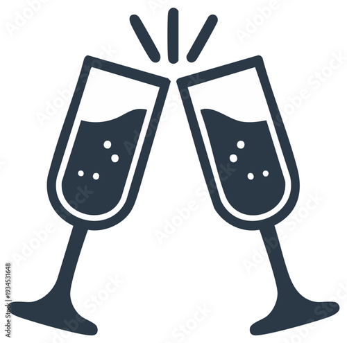 Two champagne glasses clinking together with bubbles and celebratory sparks