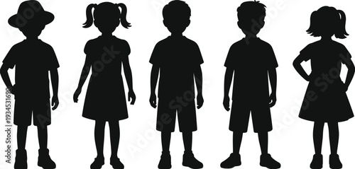 Set of children silhouettes isolated on white background, boys and girls standing in different poses for education and childhood design concept