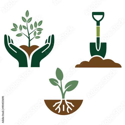 Gardening and ecology icons showing hands holding seedling shovel planting and healthy plant with visible roots growth concept
