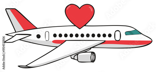 Cartoon airplane with a large red heart symbolizing a love for travel and romantic getaways