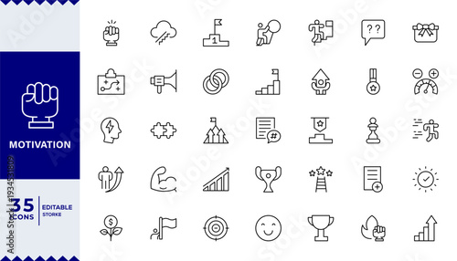Motivation icon set. Personal growth, productivity, development, increase, improvement, career, Editable line icons.