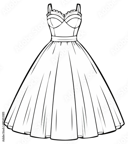 Elegant vintage style ball gown with a full skirt and sweetheart neckline line art sketch