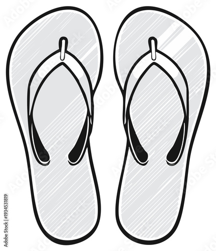 Illustrated flip-flops in light gray and white, with simple shapes, for summer designs and relaxing days; beachwear for hot season.