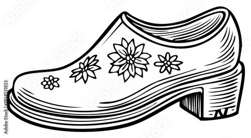 Illustration of a traditional Dutch clog shoe with floral decoration