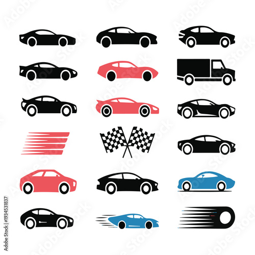 Racing car icons set with speed stripes sport cars silhouettes checkered flags and racing vehicles vector collection depicting fast motion and competition on track