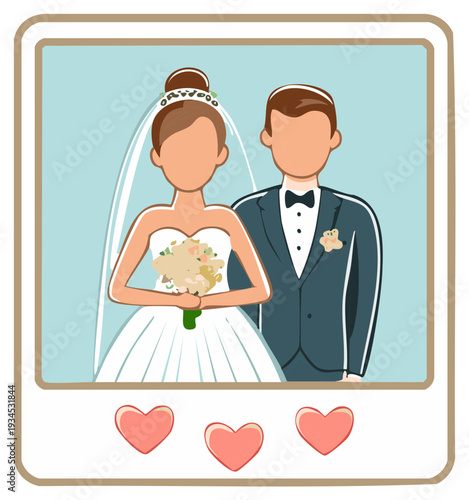 Happy Newlyweds in Wedding Attire Holding Bouquet with Hearts Below