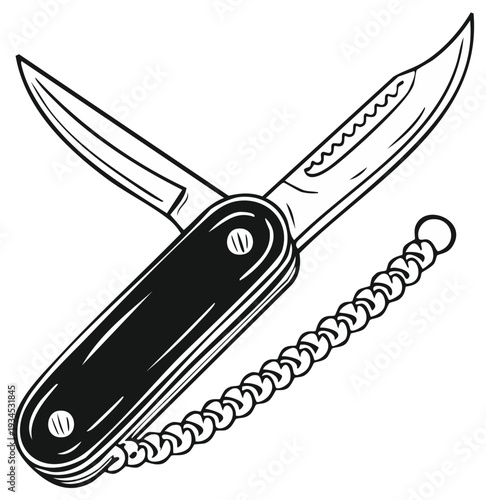 Pocket Knife Outlined Drawing Illustration: Foldable Blades and Hanging Metal Ball Chain