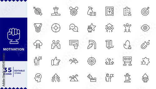 Motivation icon set. Personal growth, productivity, development, increase, improvement, career, Editable line icons.