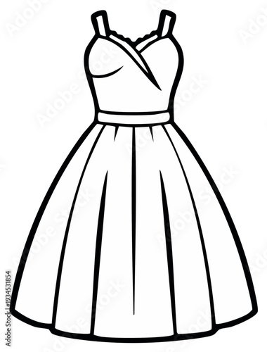 Elegant outline illustration of a sleeveless dress with a fitted bodice and flared skirt