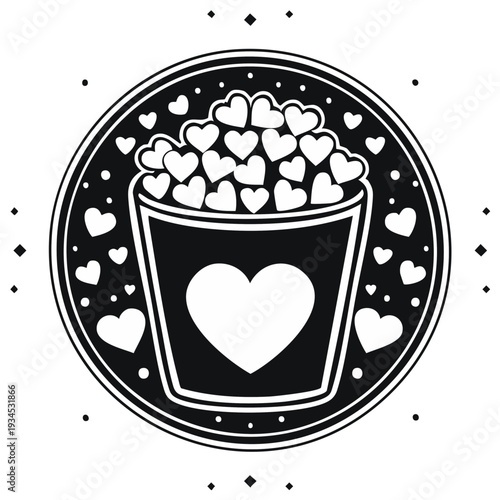 Bucket overflowing with heart shapes, surrounded by decorative dots and hearts