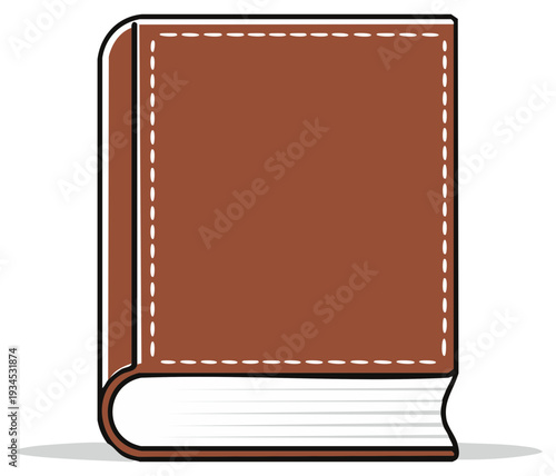 Brown hardback book with blank cover and dashed line border, education and learning illustration