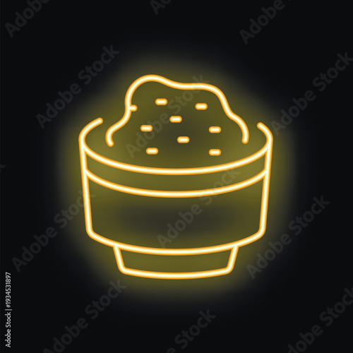 Glowing neon sign of a bowl overflowing with chunky guacamole dip