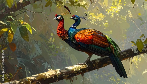 A vibrant, two-headed bird with iridescent plumage perches on a branch in a sunlit forest. Lush foliage surrounds it