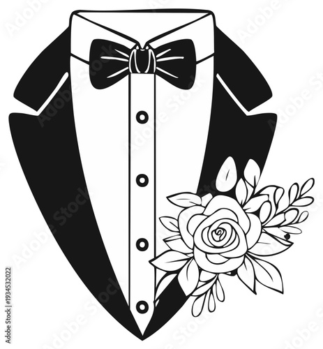 Elegant tuxedo with a bow tie and rose flower bouquet illustration, wedding concept.