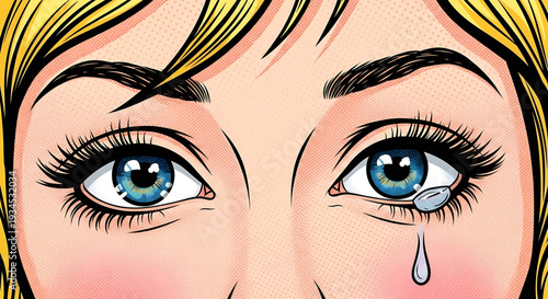 A comic book style illustration of a woman's eyes with one tear drop falling from the right eye.