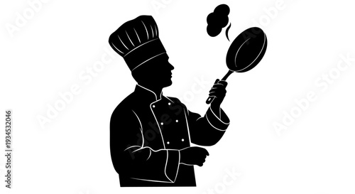 Chef Holding Frying Pan Silhouette Profile.