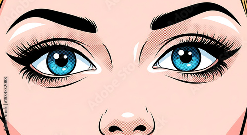 A comic book style illustration of a woman's eyes and nose with blue eyes and black eyeliner
