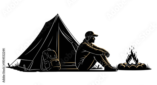 Man sitting by campfire at night.