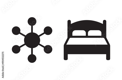 Simple black icons depicting a ceiling fan and a bed