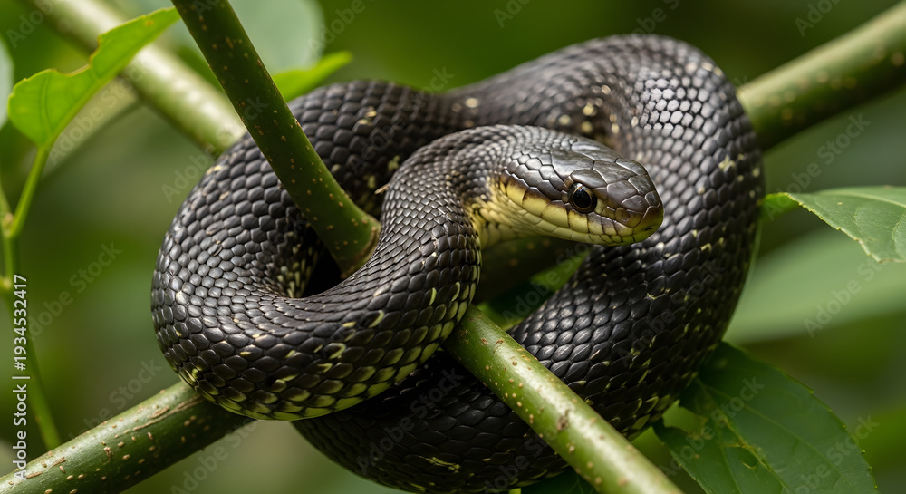 Fototapeta premium A sleek black snake coils around a vibrant green branch.