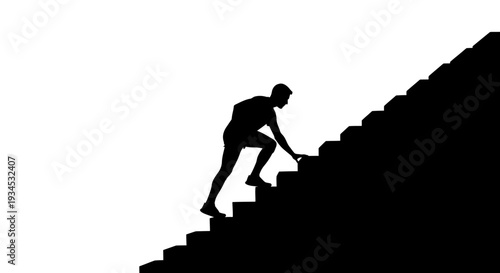 Man climbing up steep rocky stairs.