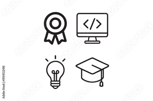 Icons representing education coding achievement and innovation concepts