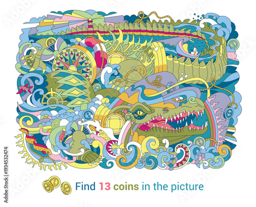 Surreal crocodile. Vector illustration. Find all the coins in the image