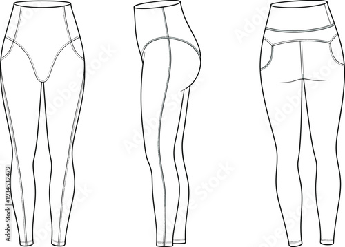 Leggings front, side, back view, high waist with curved seams, fashion flat sketch, apparel vector design template for activewear