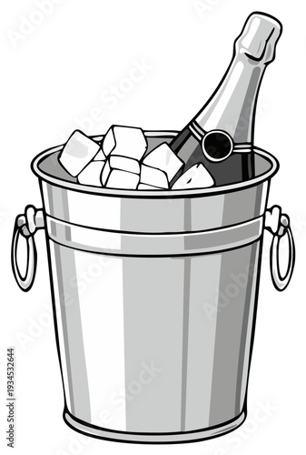 Champagne bottle chilling in ice bucket ready for celebration or special occasion.