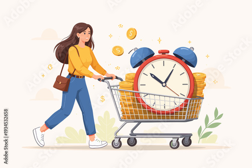 Young Woman Pushing Shopping Cart Filled with Large Alarm Clock and Gold Coins, Concept of Buying Time, Time Management, Financial Investment, and Productivity in Modern Lifestyle Illustration